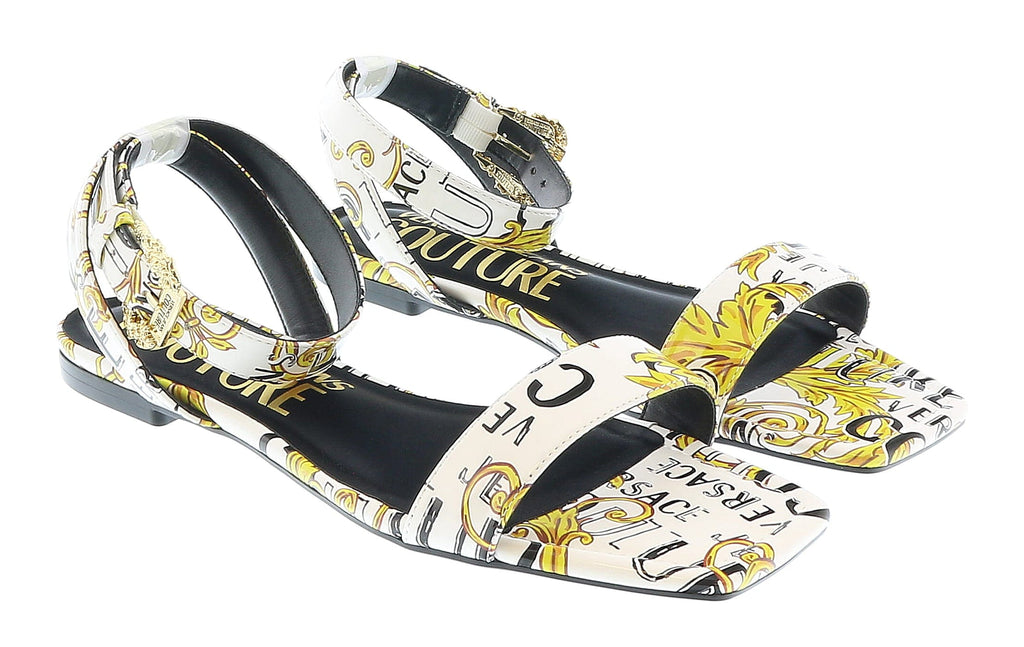 Versace Jeans Couture White Gold Logo Baroque Flat Sandals-
