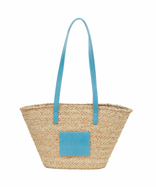 Cavalli Class CERVINIA Natural/Light Blue Medium Straw Beach Tote Bag