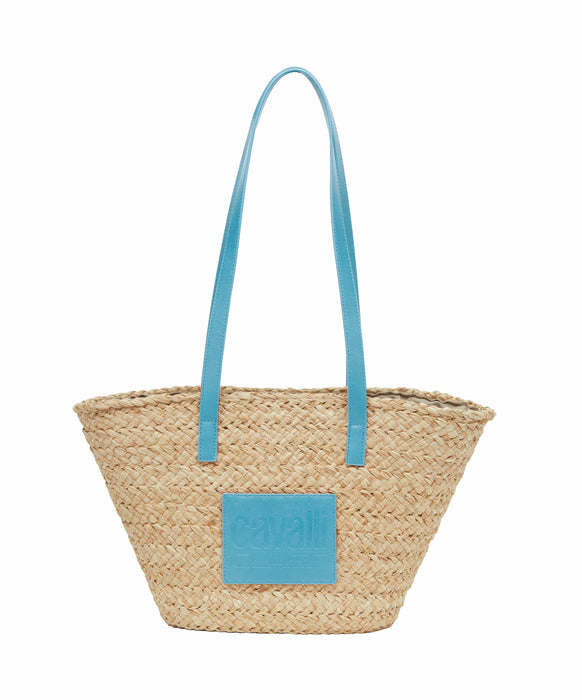 Cavalli Class CERVINIA Natural/Light Blue Medium Straw Beach Tote Bag