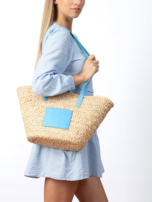 Cavalli Class CERVINIA Natural/Light Blue Medium Straw Beach Tote Bag