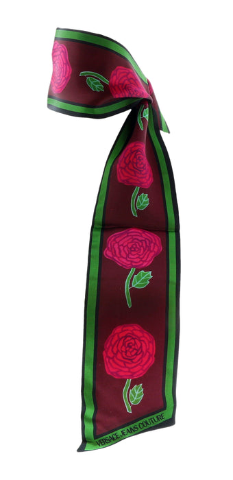 Versace Jeans Couture Maroon Green Signature Rosy Print Slim Scarf