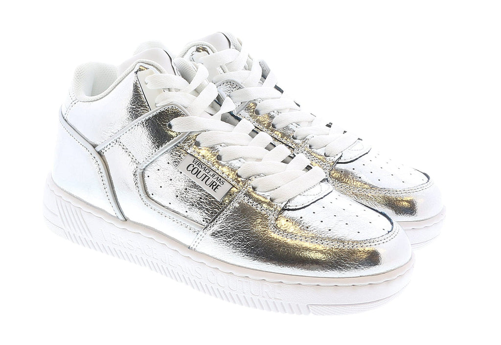 Versace Jeans Couture Signature Mid Top Lace Up Silver Sneakers-