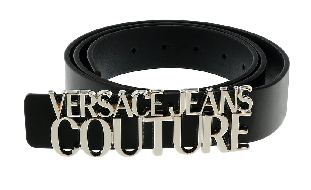 Versace Jeans Couture Black/Nickel  Lettering Buckle Leather Belt-38