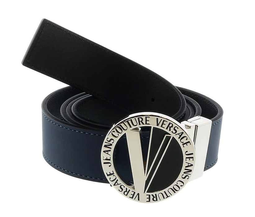 Versace Jeans Couture Black/Silver V-Emblem Round Buckle Mens Belt