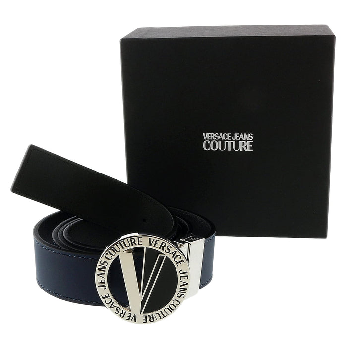 Versace Jeans Couture Black/Silver V-Emblem Round Buckle Mens Belt