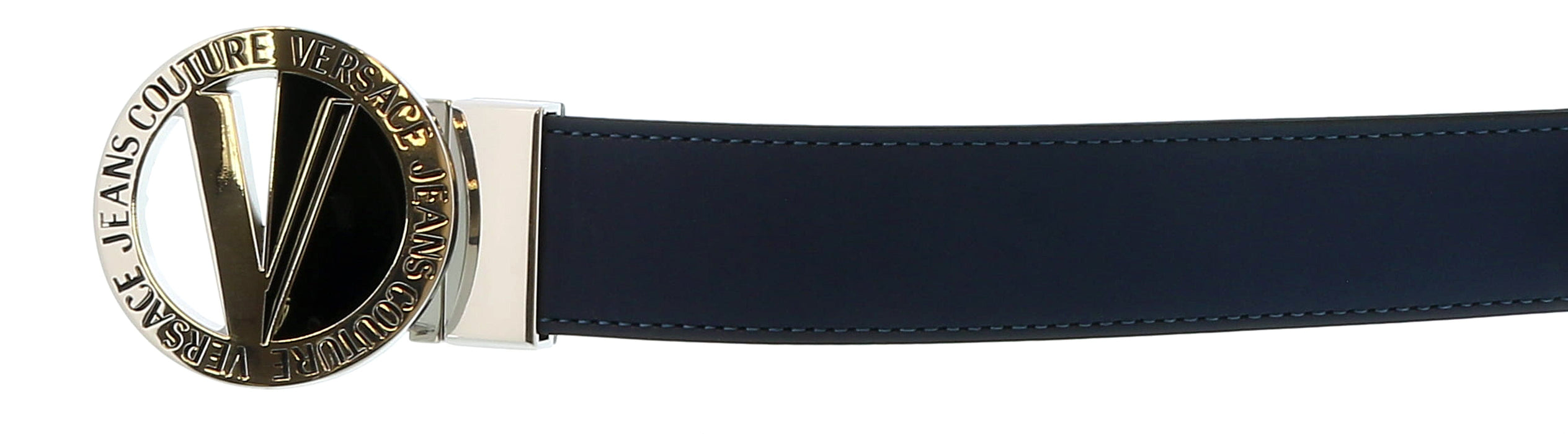 Versace Jeans Couture Black/Silver V-Emblem Round Buckle Mens Belt