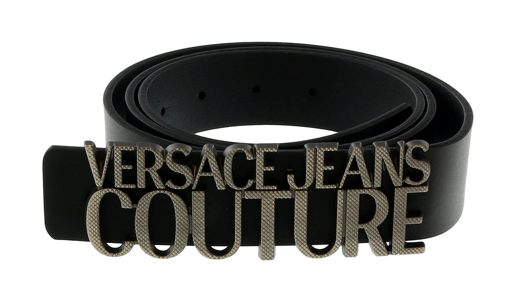 Versace Jeans Couture Black/Old Brushed Nickel Lettering Buckle Leather Belt-40