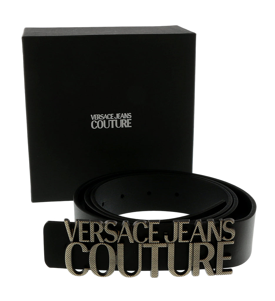 Versace Jeans Couture Black/Old Brushed Nickel Lettering Buckle Leather Belt