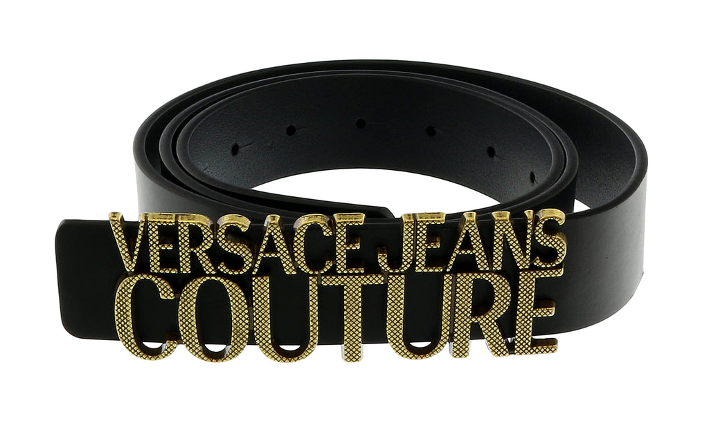 Versace Jeans Couture Black/Old Brushed Brass Lettering Buckle Leather Belt-42