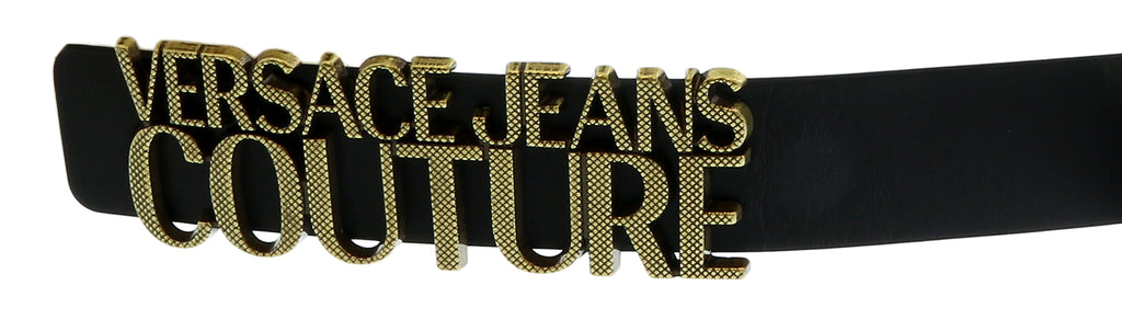 Versace Jeans Couture Black/Old Brushed Brass Lettering Buckle Leather Belt