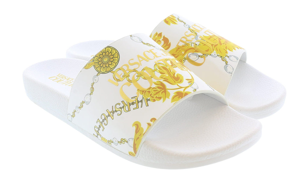 Damaged/Store Return Versace Jeans Couture White/Gold Signature Pattern Pool Slide-11