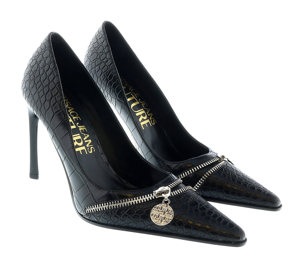 Versace Jeans Couture Pointed  Embossed Classic Black Pumps -6