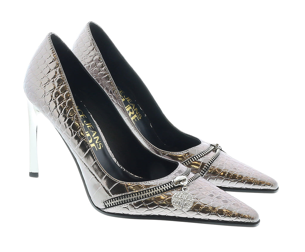 Versace Jeans Couture Pointed  Embossed Classic Gun Metal Pumps -10