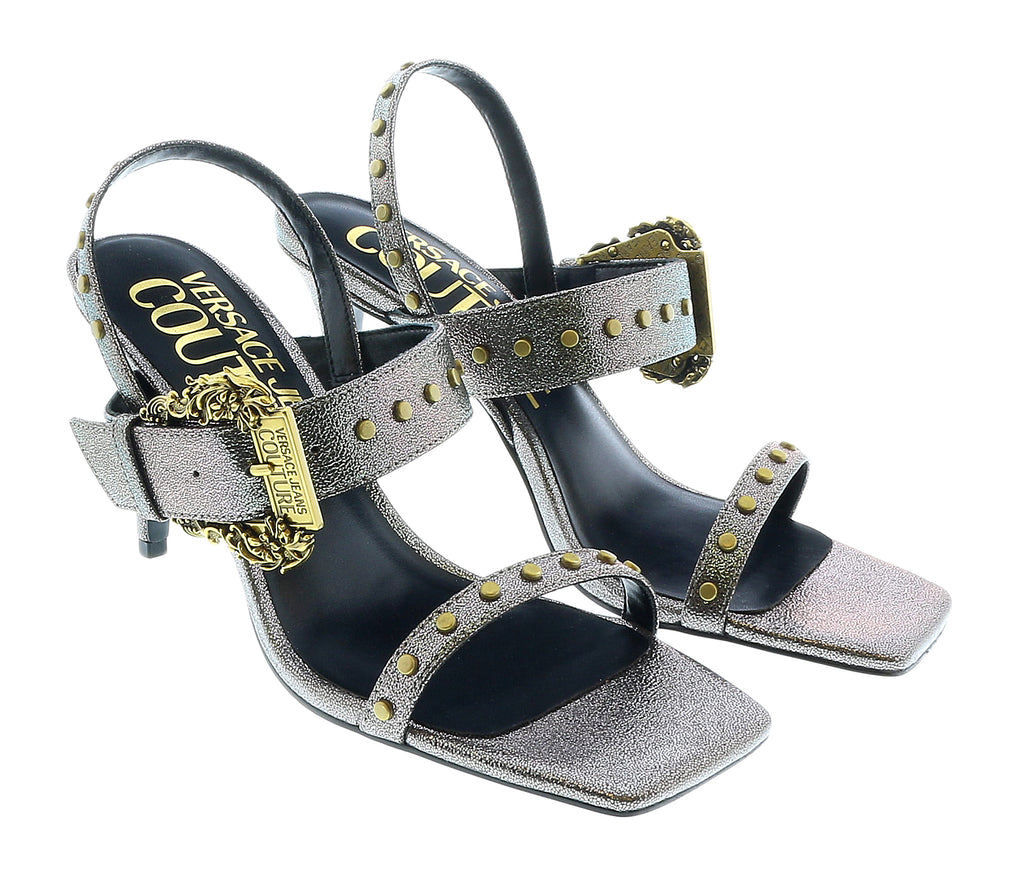 Versace Jeans Couture Oversized Buckle  Gun Metal Heeled Sandals-6