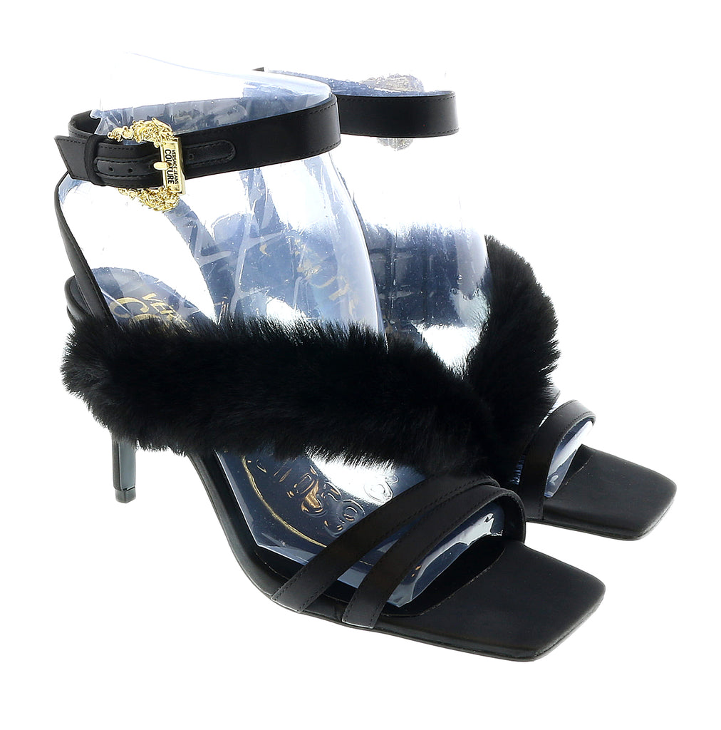 Versace Jeans Couture Baroque Buckle Faux Fur  Black Heeled Sandals-6