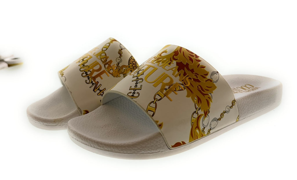 Versace Jeans Couture White/Gold Signature Pool Slide- Store Return -6US Women