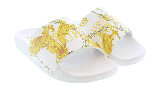 Versace Jeans Couture Womens White/Gold  Signature Pattern Pool Slide