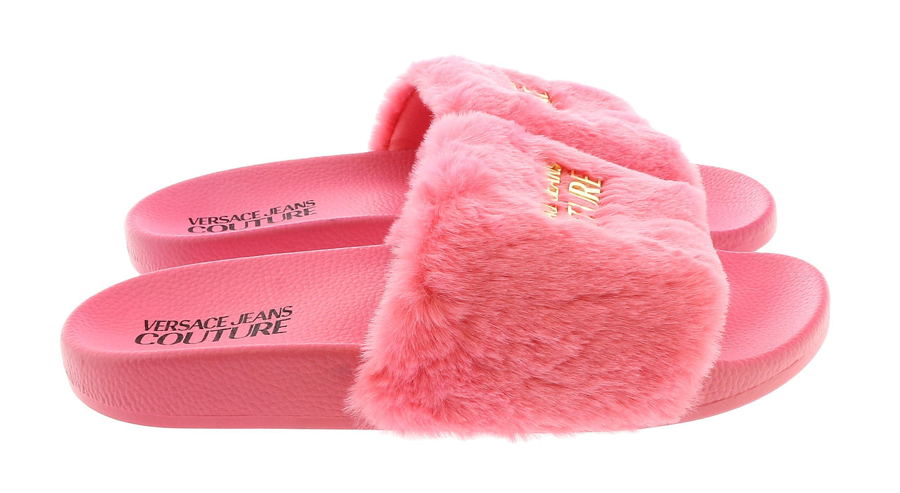 Versace Jeans Couture Womens Rose Faux Fur Signature Slides-