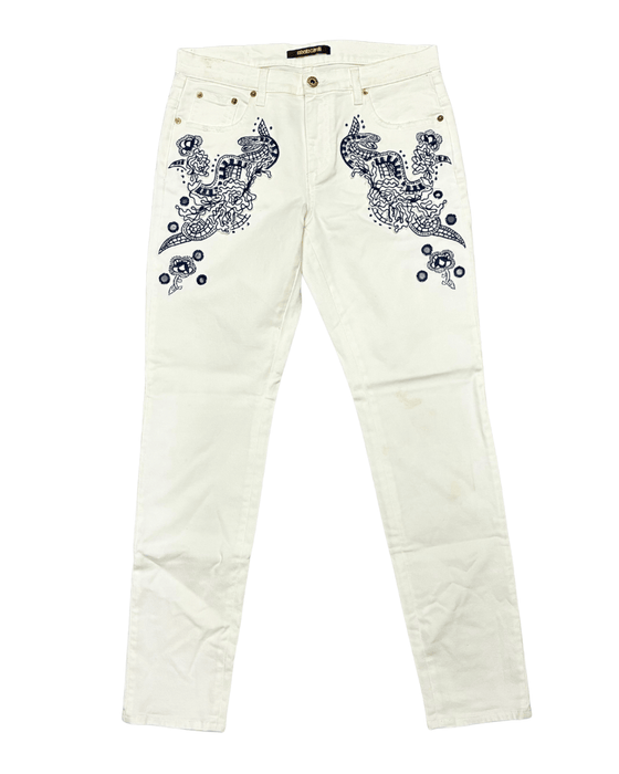 Defective Roberto Cavalli White Skinny Jeans with Navy Embroidery-IT 44
