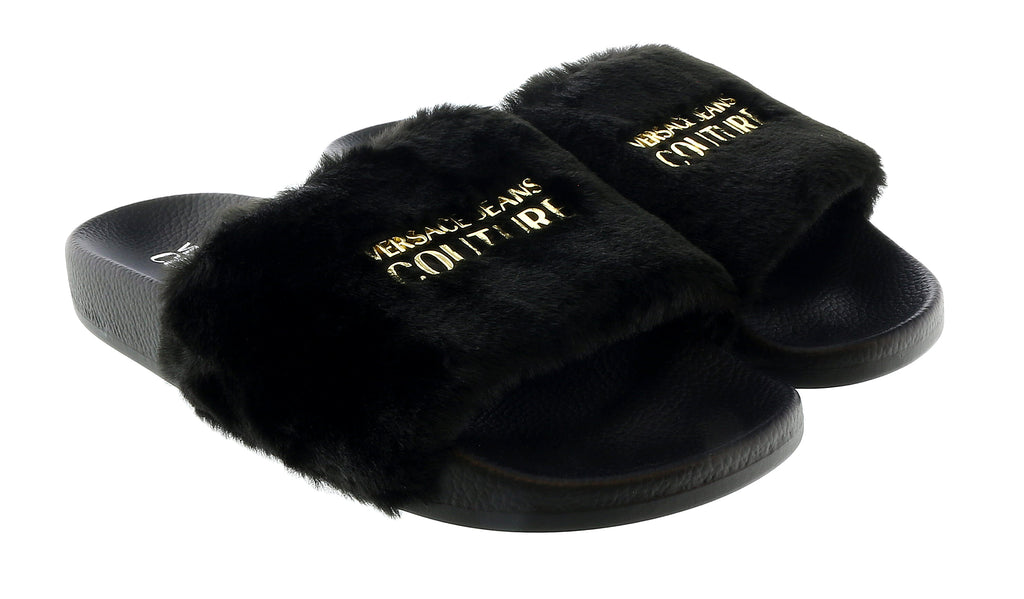 Versace Jeans Couture Black Faux Fur Signature Slides-