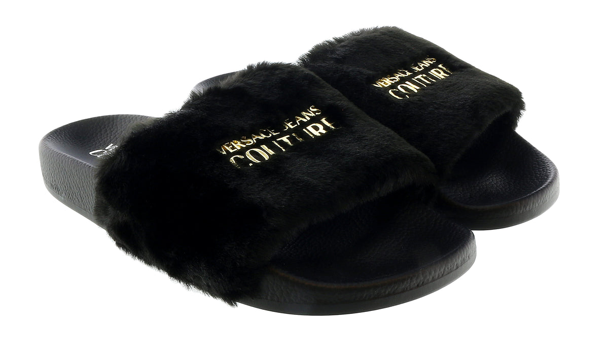 Versace Jeans Couture Womens Black Faux Fur Signature Slides-EU37