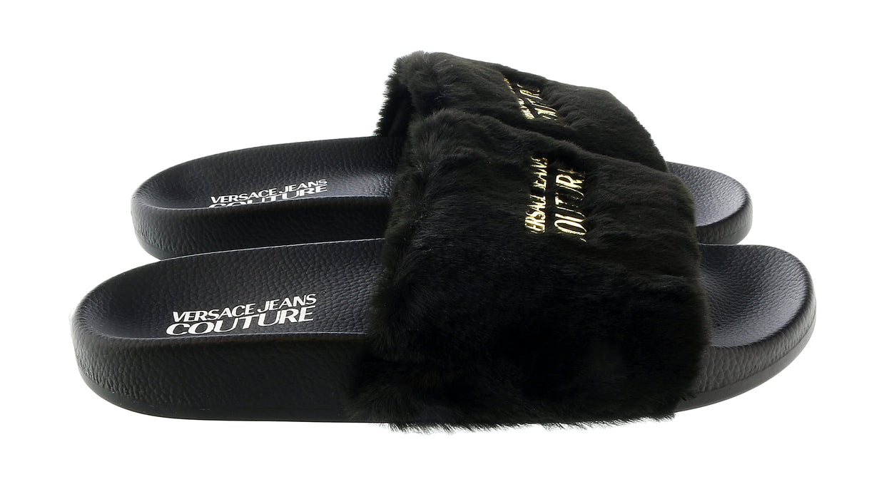 Versace Jeans Couture Womens Black Faux Fur Signature Slides-