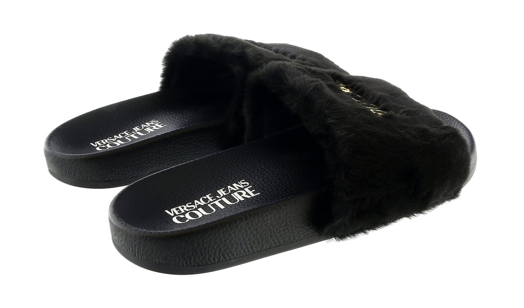 Versace Jeans Couture Black Faux Fur Signature Slides-