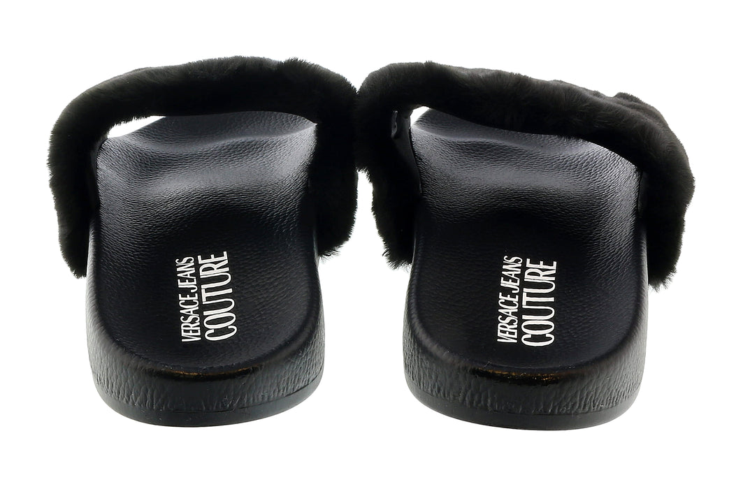 Versace Jeans Couture Womens Black Faux Fur Signature Slides-
