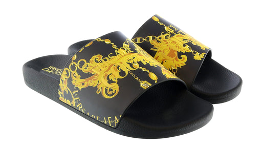 Versace Jeans Couture Womens Black/Gold  Signature Pattern Pool Slide