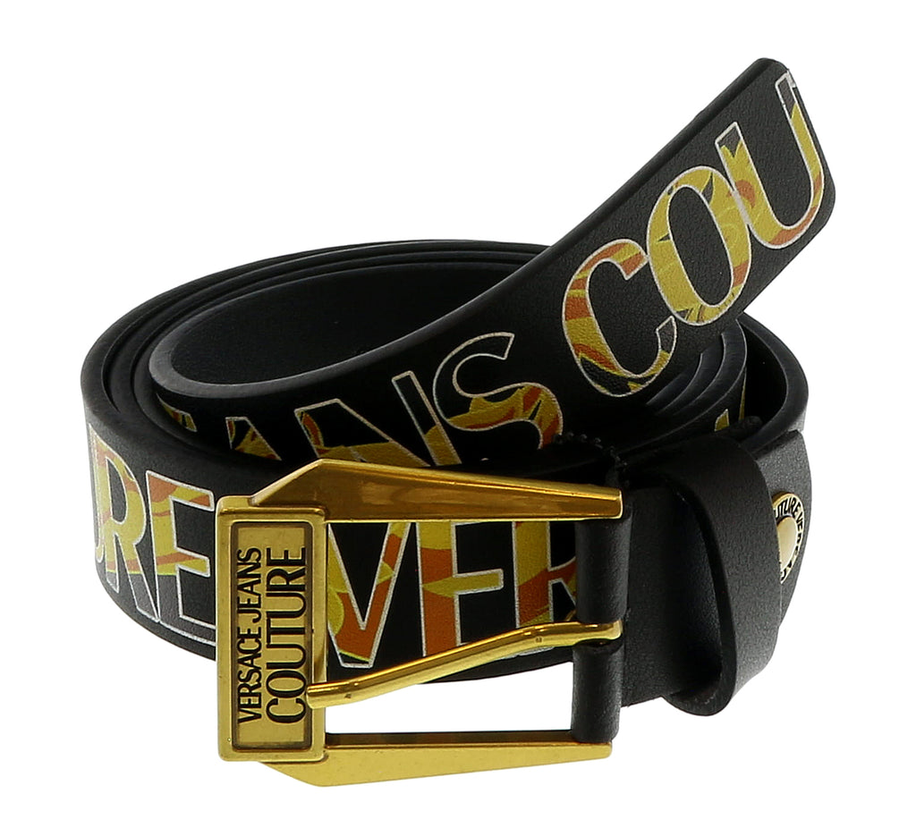 Versace Jeans Couture Black/Gold Signature Buckle Lettering Print  Leather Adjustable  Belt-