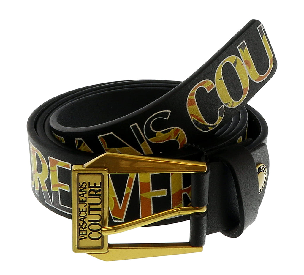 Versace Jeans Couture Black/Gold Signature Buckle Lettering Print  Leather Adjustable  Belt-42