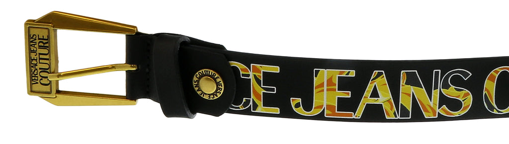 Versace Jeans Couture Black/Gold Signature Buckle Lettering Print  Leather Adjustable  Belt-