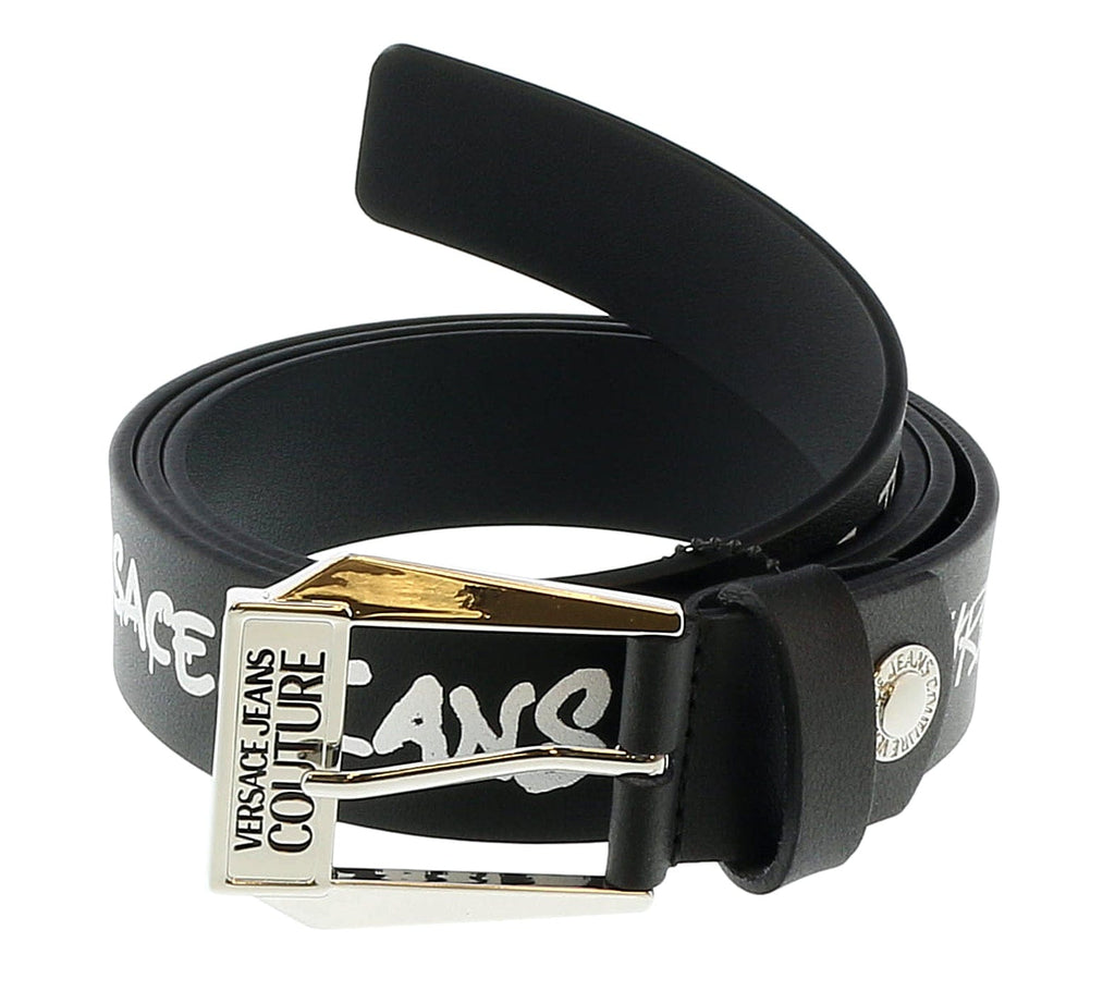 Versace Jeans Couture Black/White Signature Buckle Lettering Print  Leather Adjustable  Belt-42