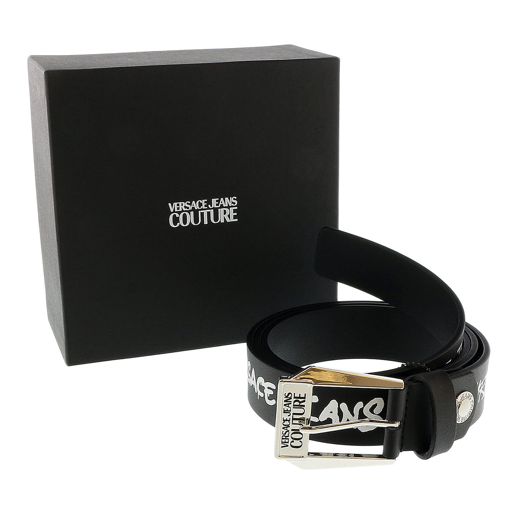 Versace Jeans Couture Black/White Signature Buckle Lettering Print  Leather Adjustable  Belt-