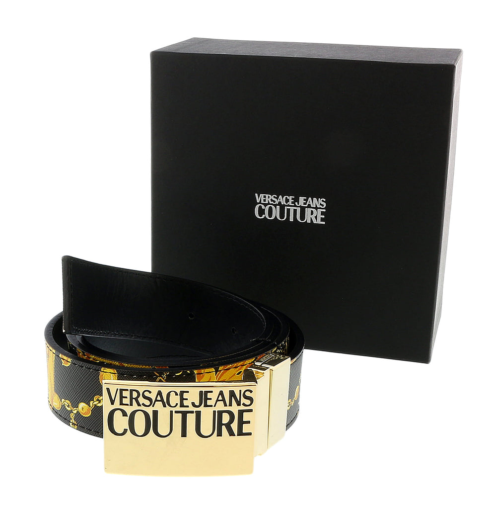 Versace Jeans Couture Black/Gold Signature Plate  Buckle  Adjustable  Belt-