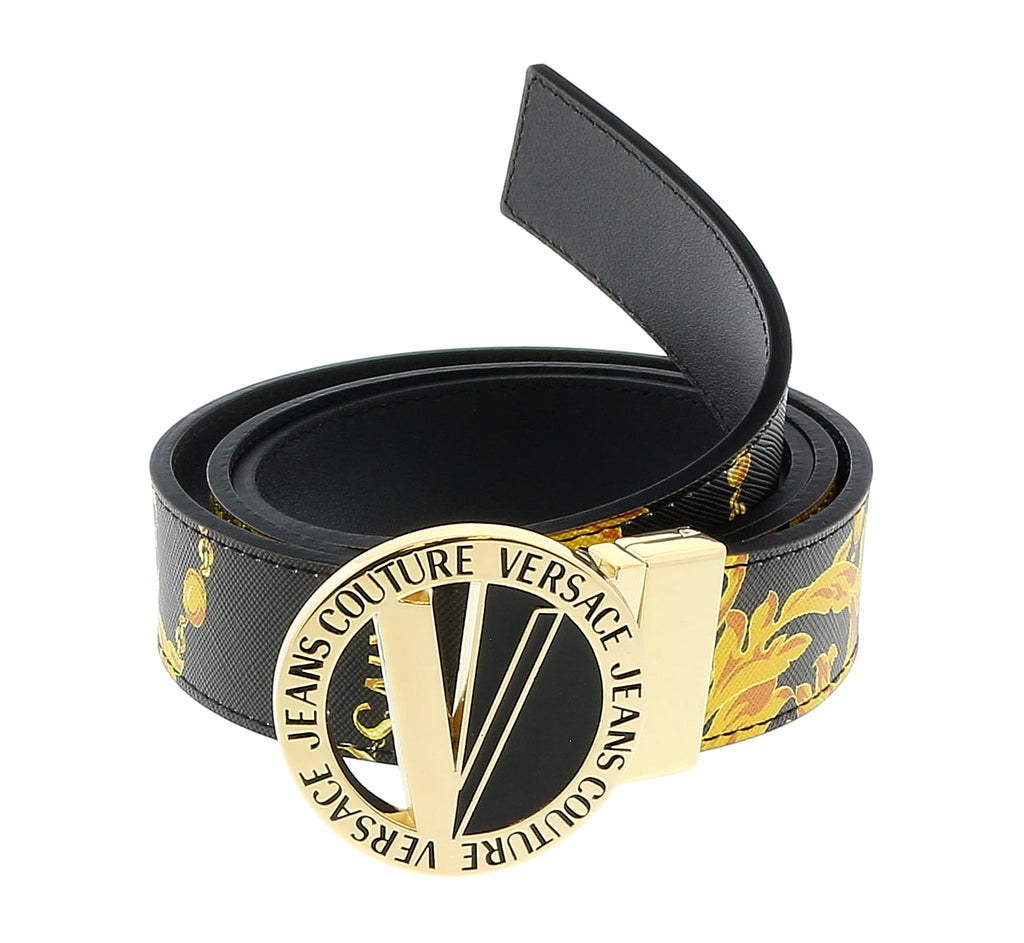 Versace Jeans Couture Black/Gold V-Emblem Cut Out  Buckle Chain Print  Belt-