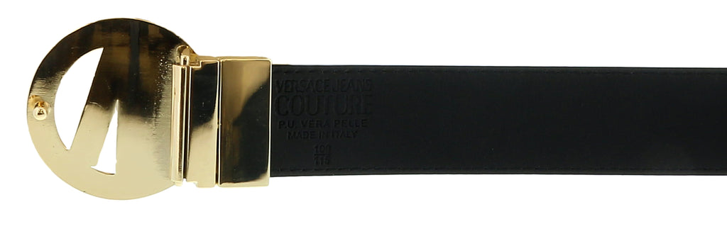 Versace Jeans Couture Black/Gold V-Emblem Cut Out  Buckle Chain Print  Belt-