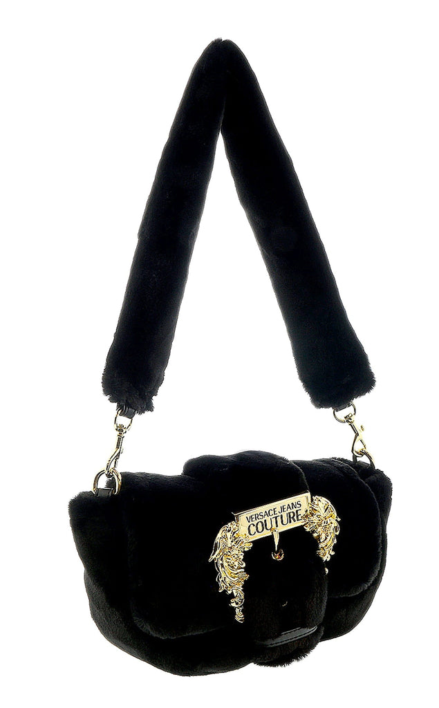 Versace Jeans Couture Black Faux Fur Baroque Buckle Crossbody Bag