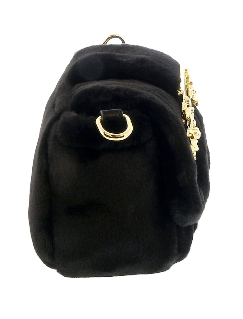 Versace Jeans Couture Black Faux Fur Baroque Buckle Crossbody Bag