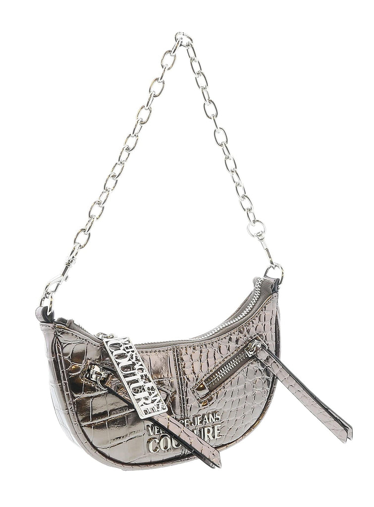 Versace Jeans Couture Gun Metal Half Moon Croc Embossed Zipper Hobo Bag