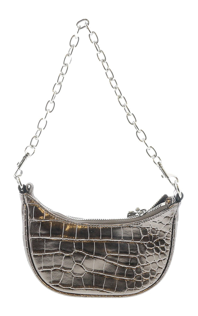 Versace Jeans Couture Gun Metal Half Moon Croc Embossed Zipper Hobo Bag