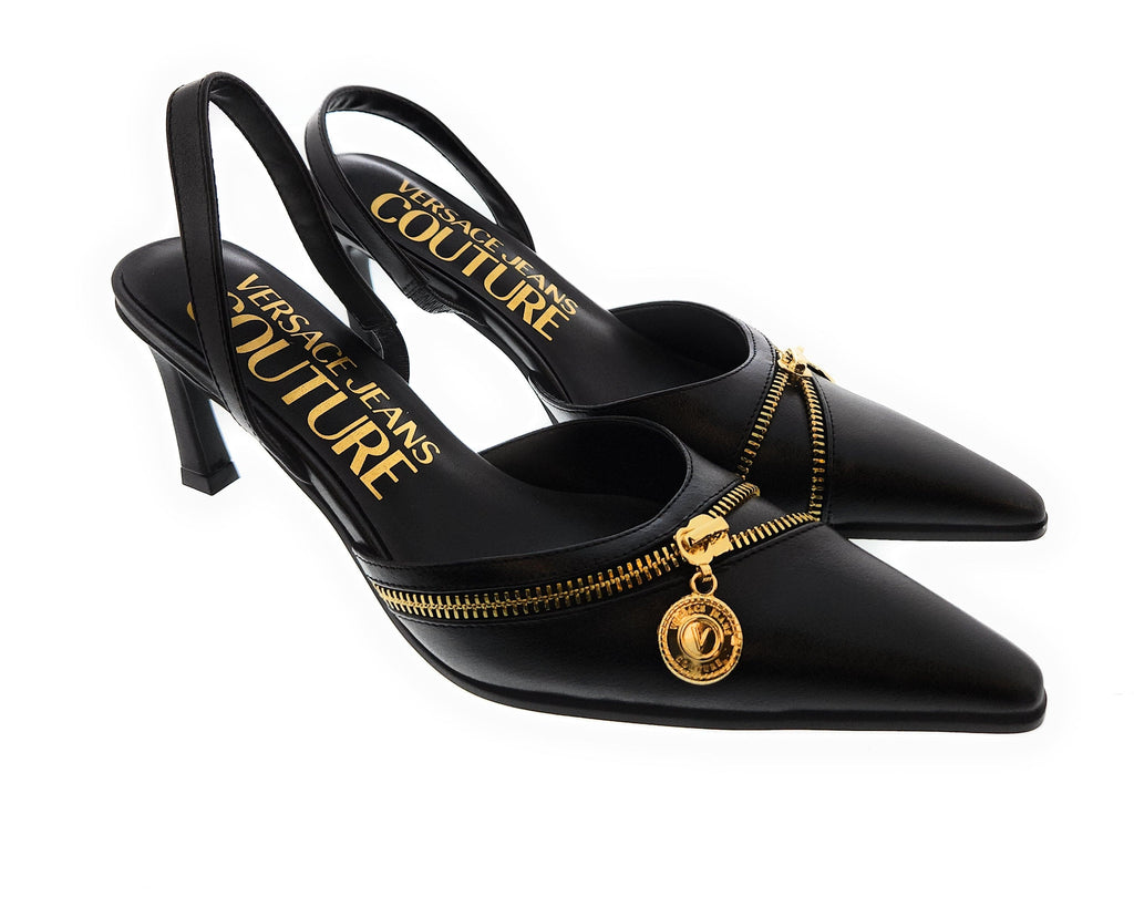 Versace Jeans Couture Black Zipper Pointed Toe High Heel Slingback-