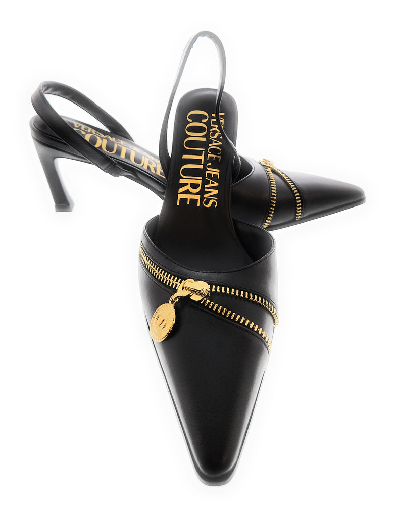 Versace Jeans Couture Black Zipper Pointed Toe High Heel Slingback-