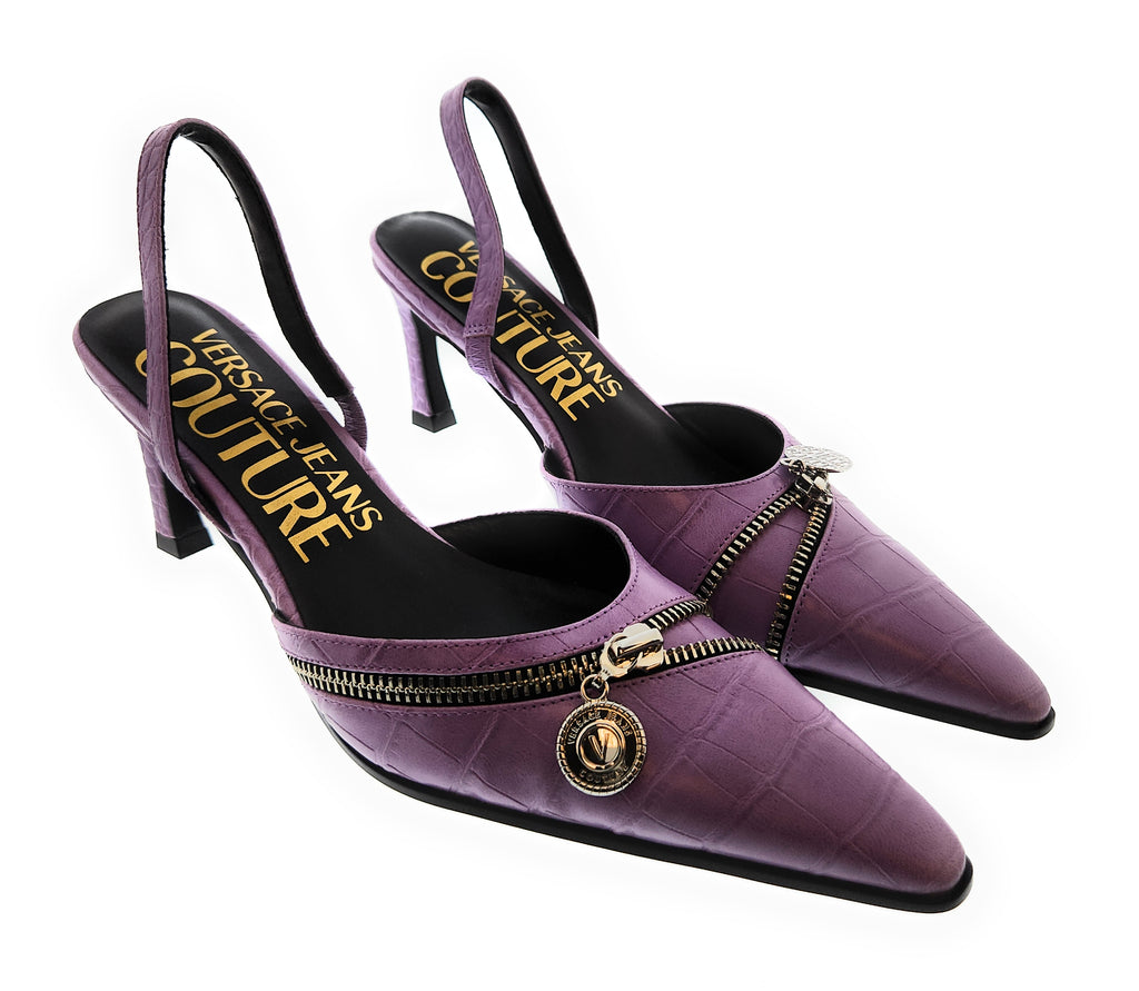 Versace Jeans Couture Lilac  Embossed Zipper Pointed Toe High Heel Slingback-6