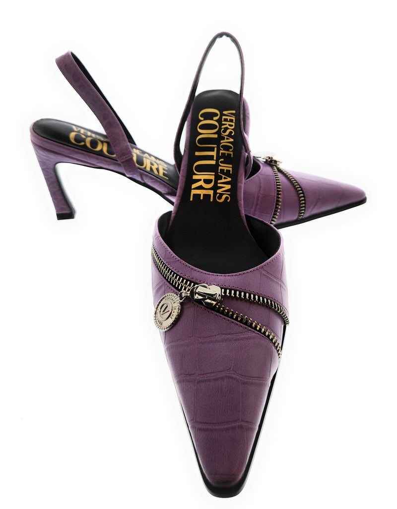 Versace Jeans Couture Lilac Croc Embossed Zipper Pointed Toe High Heel Slingback-