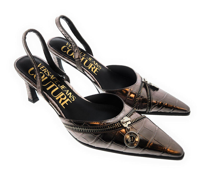 Versace Jeans Couture Womens Gun Metal   Zipper  High Heel Slingback-EU37