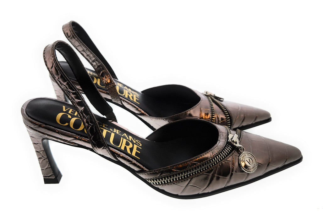 Versace Jeans Couture Womens Gun Metal   Zipper  High Heel Slingback-