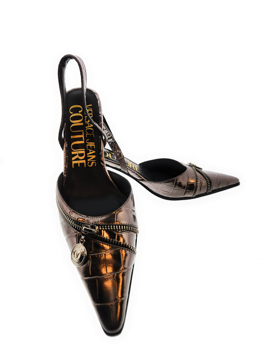 Versace Jeans Couture Womens Gun Metal   Zipper  High Heel Slingback-