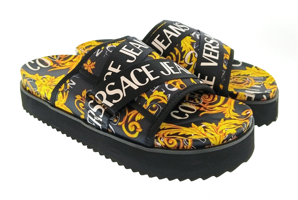 Versace Jeans Couture Mens Black / Gold Baroque Logo Platform Slides-10