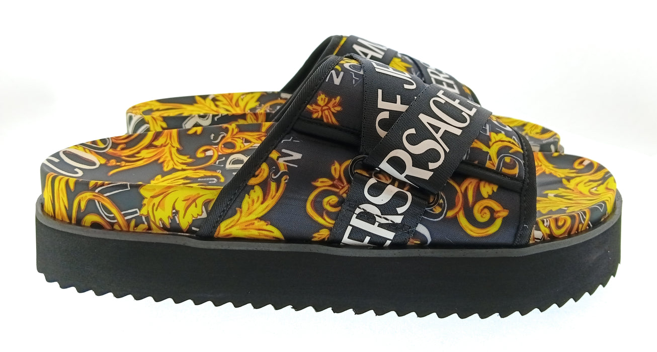 Versace Jeans Couture Mens Black / Gold Baroque Logo Platform Slides-